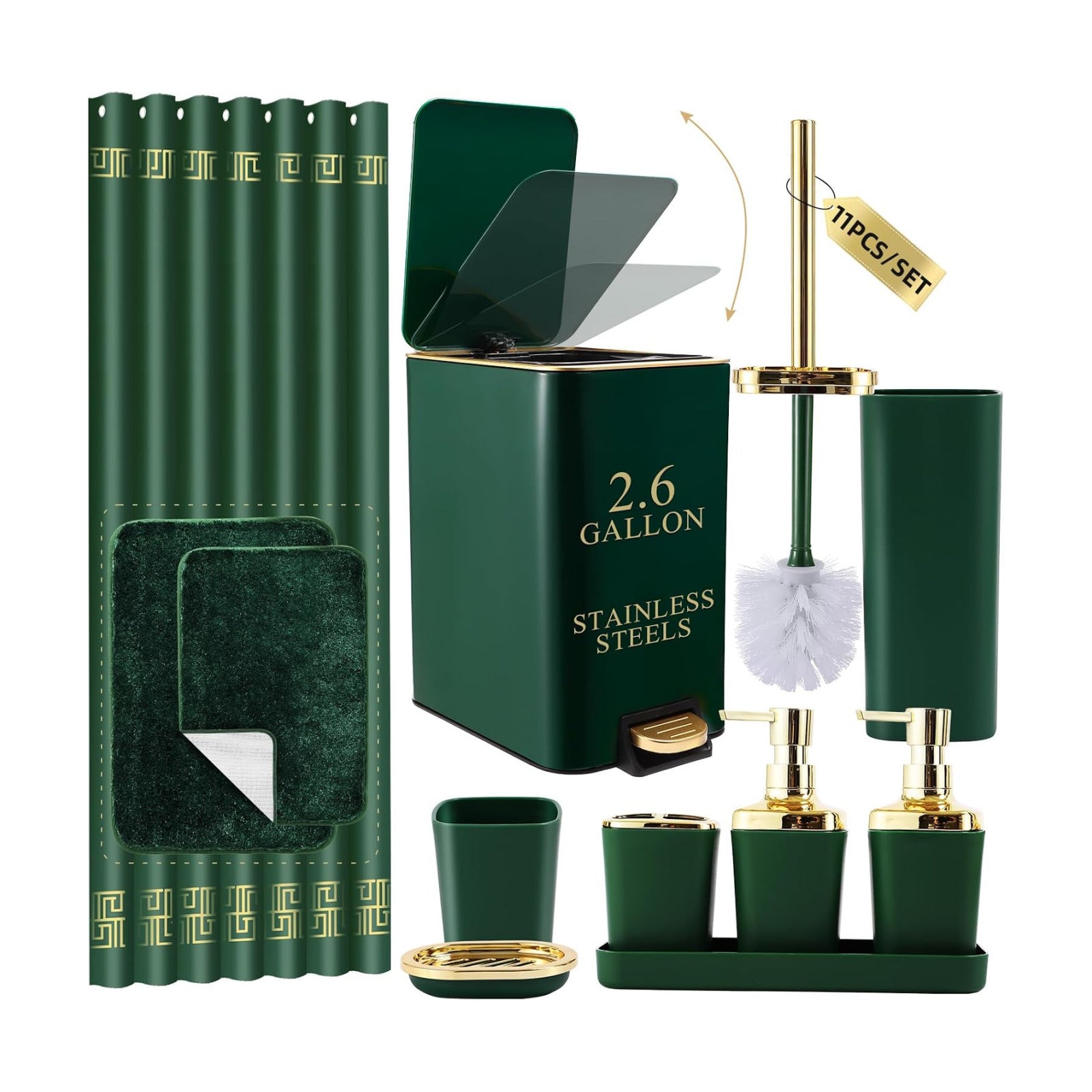XLHOMO Bathroom Sets with Shower Curtain and Rugs Bathroom Accessories Set Hunter Green Bathroom Set,Soap Dispenser &