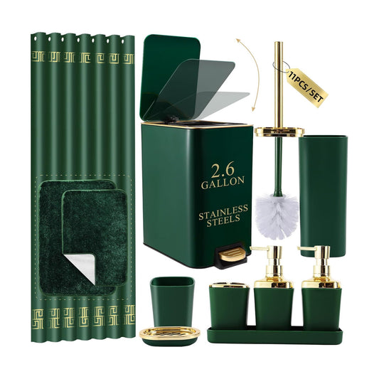 XLHOMO Bathroom Sets with Shower Curtain and Rugs Bathroom Accessories Set Hunter Green Bathroom Set,Soap Dispenser &