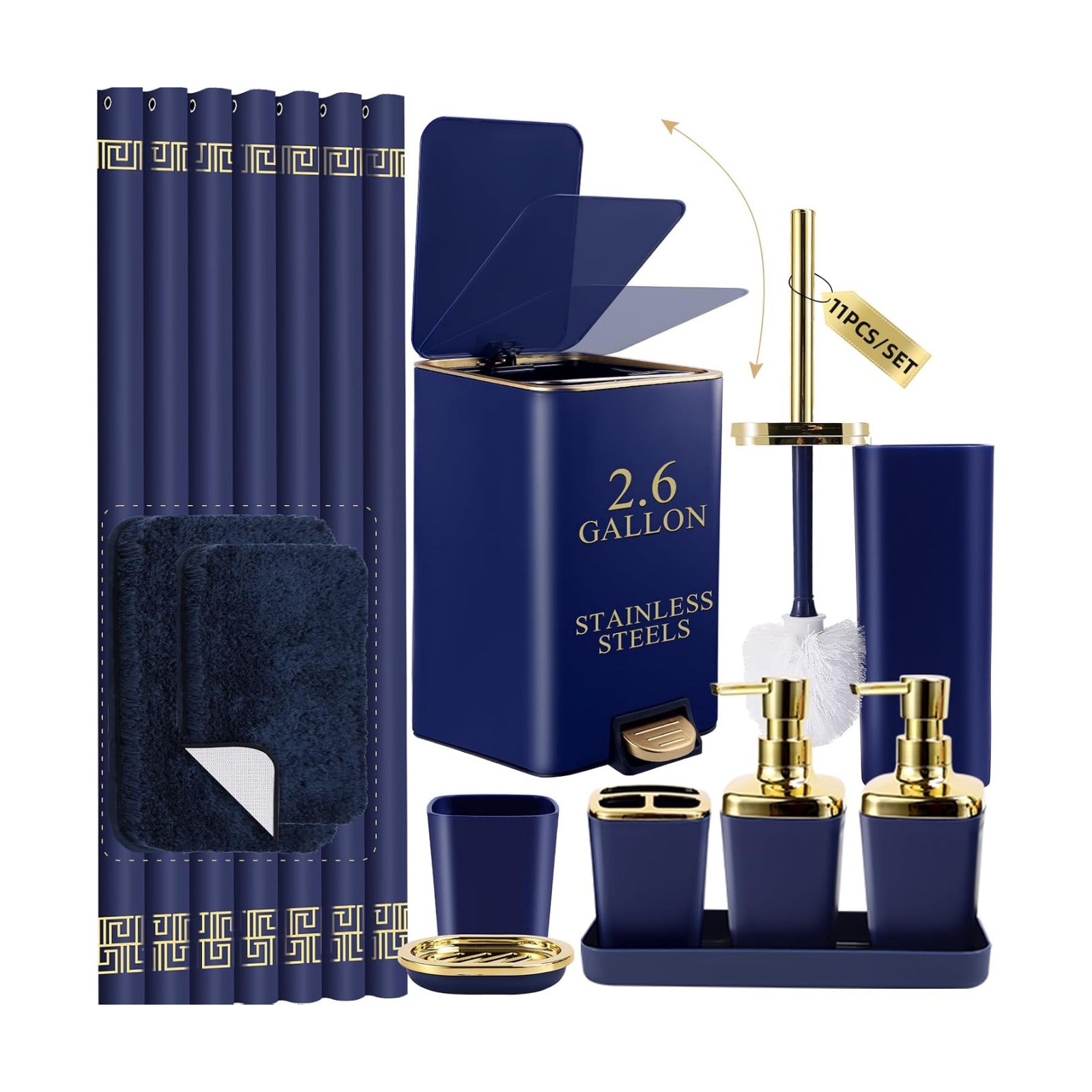 XLHOMO Bathroom Sets with Shower Curtain and Rugs Bathroom Accessories Set Navy Blue Bathroom Set,Soap Dispenser &