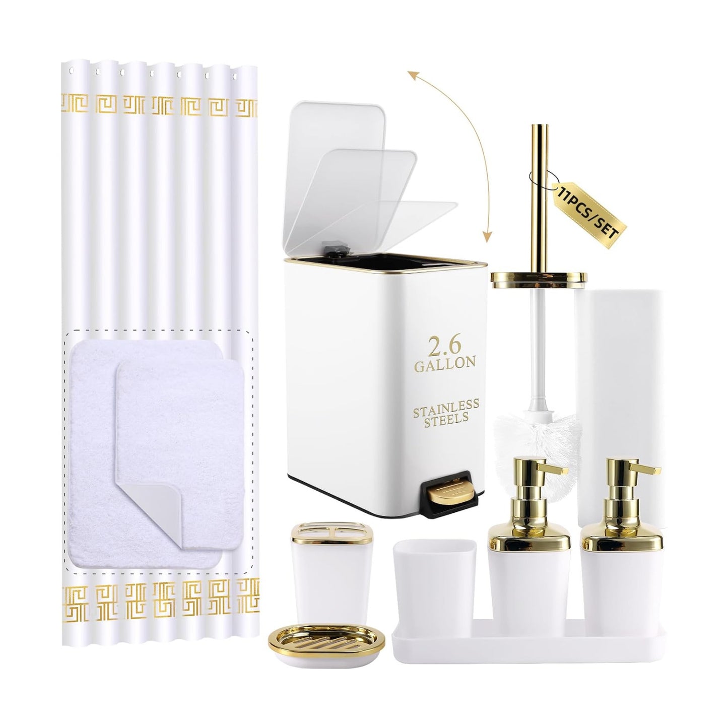 XLHOMO 11PCS Bathroom Sets with Shower Curtain and Rugs Bathroom Accessories Set White Bathroom Set,Soap Dispenser &