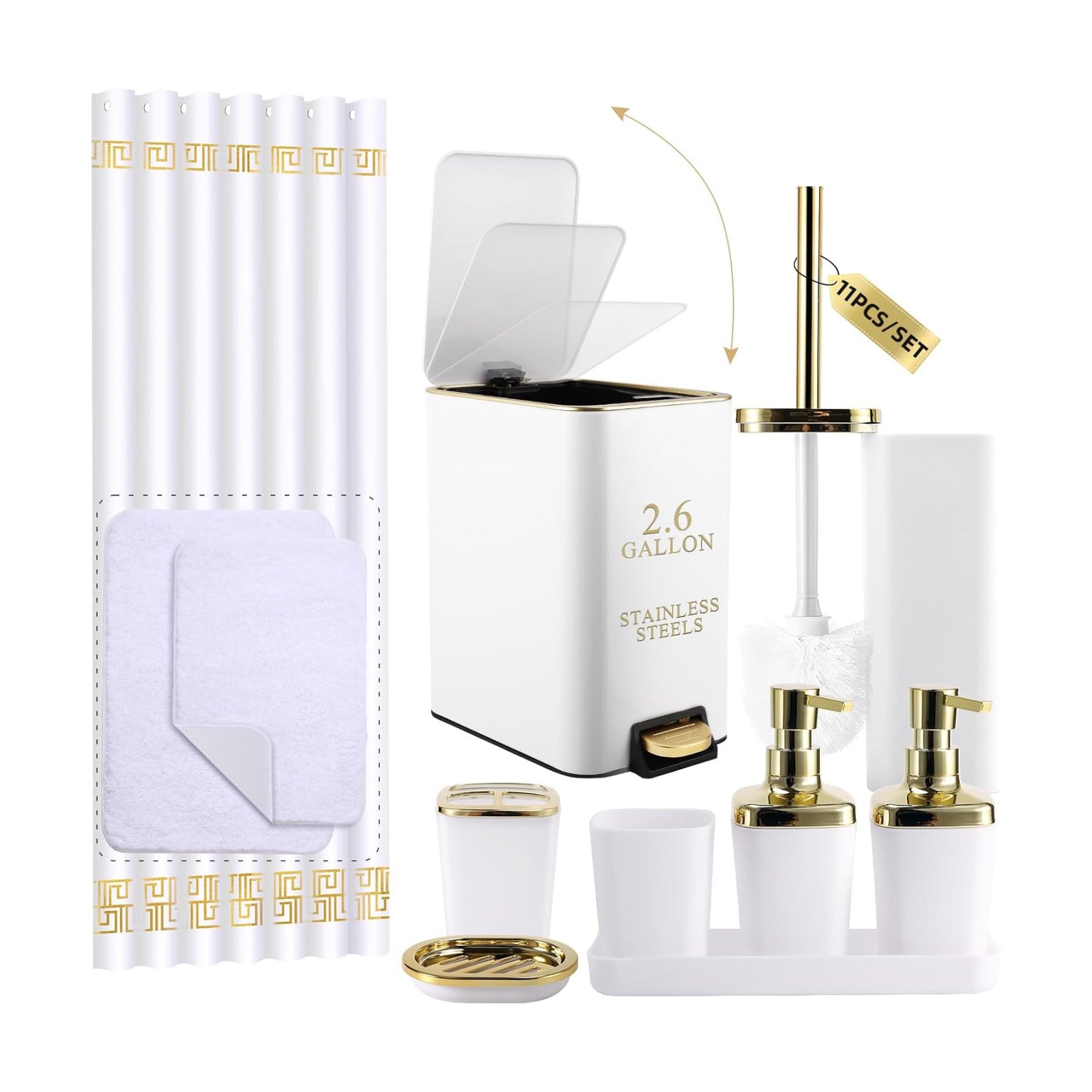 XLHOMO 11PCS Bathroom Sets with Shower Curtain and Rugs Bathroom Accessories Set White Bathroom Set,Soap Dispenser &