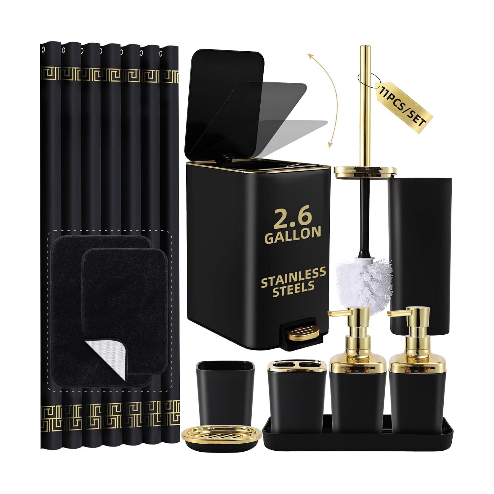 XLHOMO Bathroom Sets with Shower Curtain and Rugs Black Bathroom Accessories Bathroom Set,Soap Dispenser & Toilet Brush