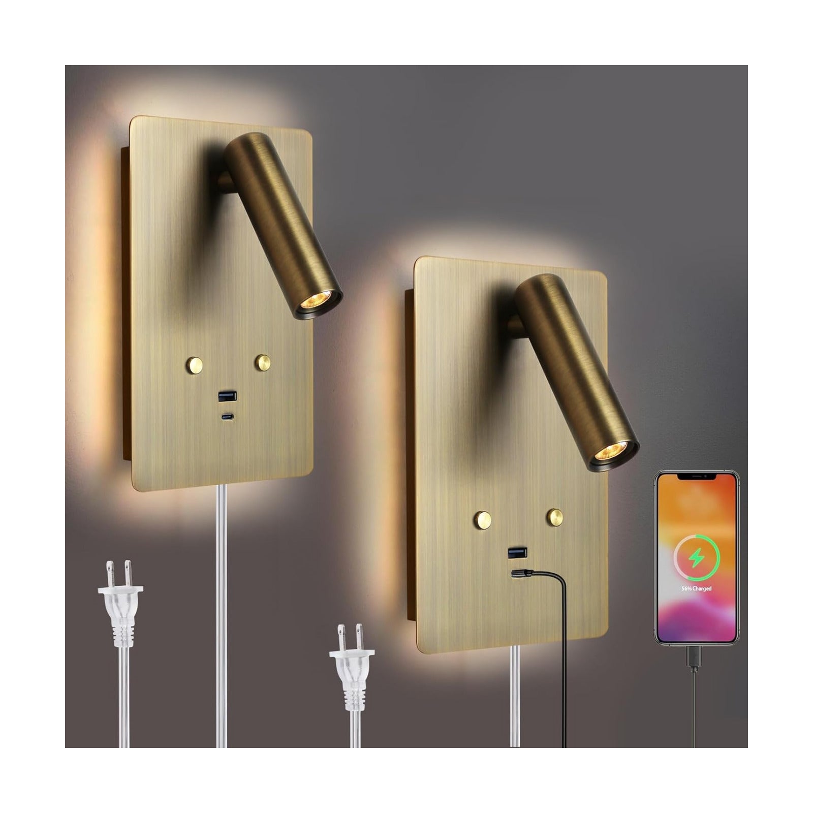 ZEROUNO Wall Mounted Reading Light Set of 2,Dimmable Adjustable Headboard Plug in Wall Sconce with USB A+C Ports,Touch