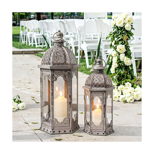 JHY DESIGN Set of 2 Decorative Candle Lanterns 22"&17" H Vintage Metal Candle Holder for Garden Indoor Outdoor Parties