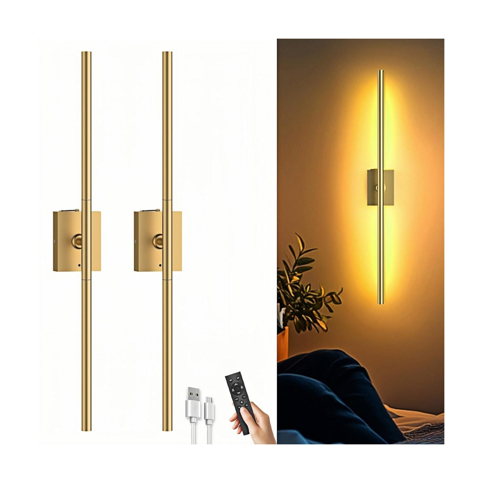 Battery Operated Wall Sconces Set of 2, 10000mAh, Gold | remote control and 360° rotation, for picture display TV wall