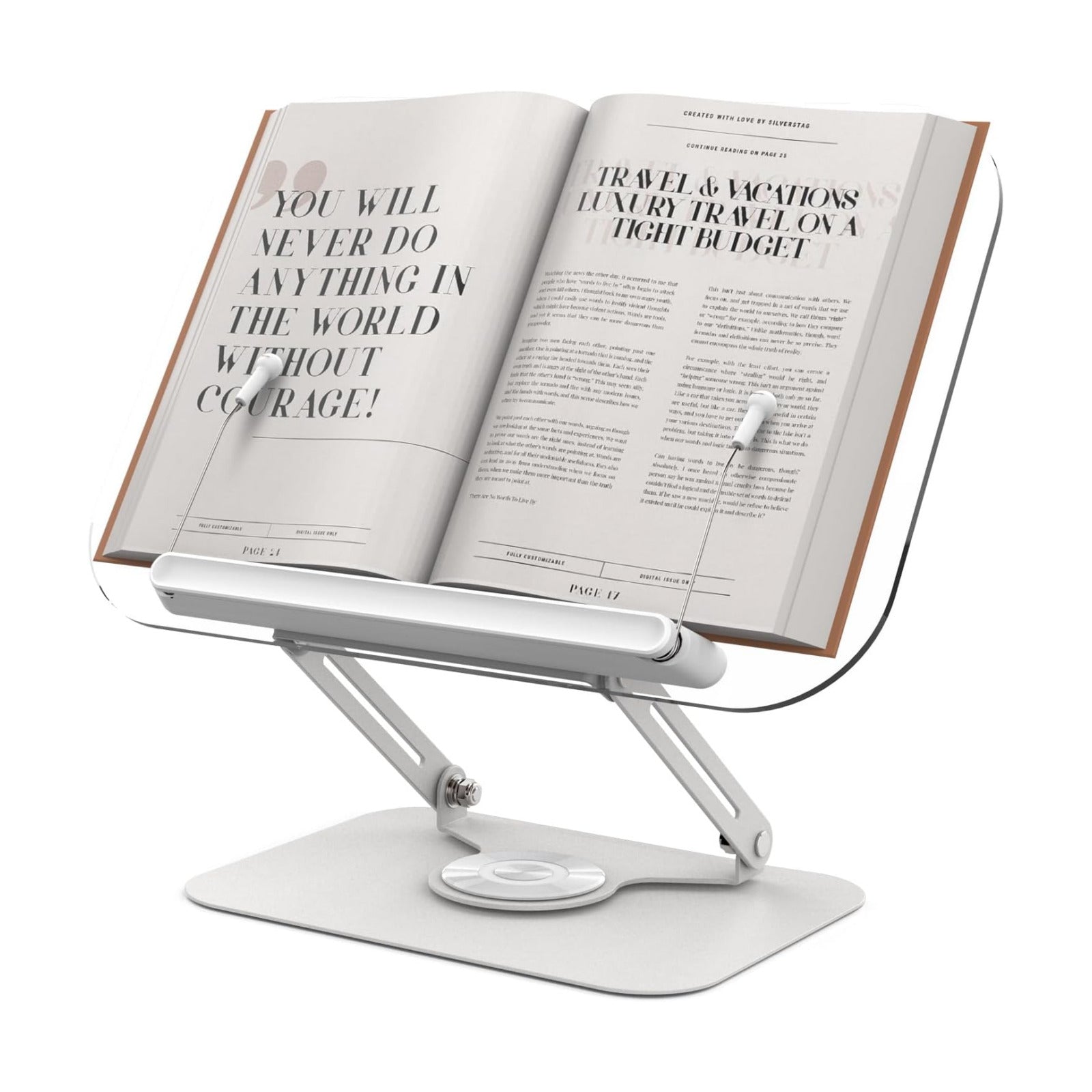 Acrylic Book Stand for Reading Hands Free - Adjustable 360° Rotating Cookbook Holder with Elastic Page Clips & Foldable