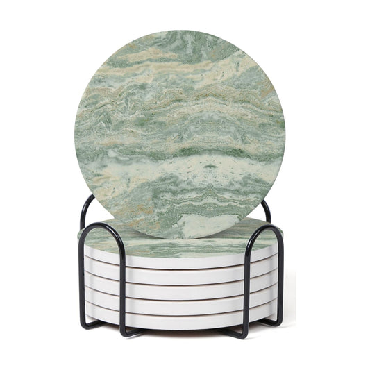 Holder / Absorbent Ceramic Coasters for Drinks / Sage Green / Set of 6