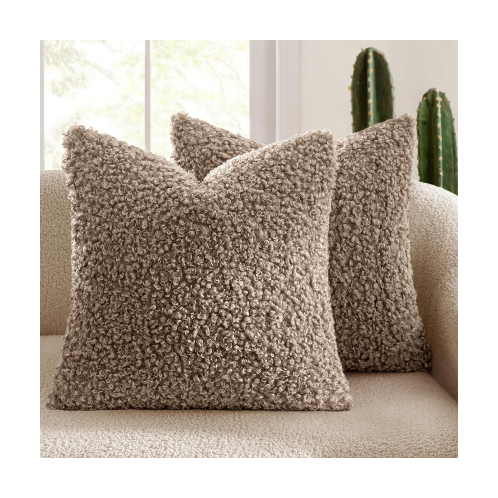 Throw Pillow Covers Neutral Faux Fur Decorative Sherpa Pillow Covers / 18 x 18 / Khaki / Set of 2