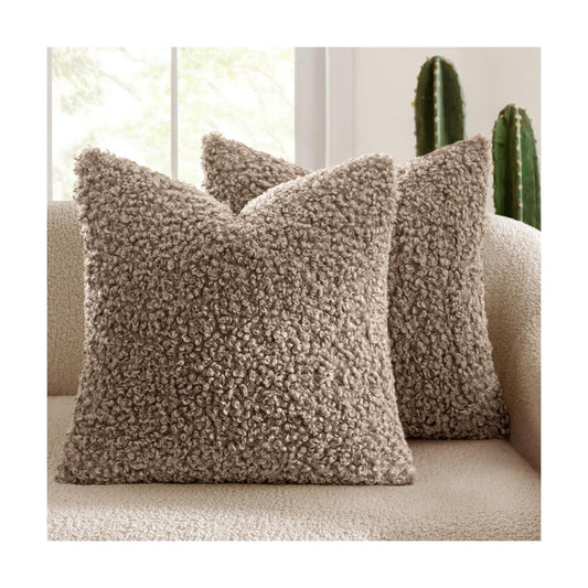Throw Pillow Covers Neutral Faux Fur Decorative Sherpa Pillow Covers / 18 x 18 / Khaki / Set of 2