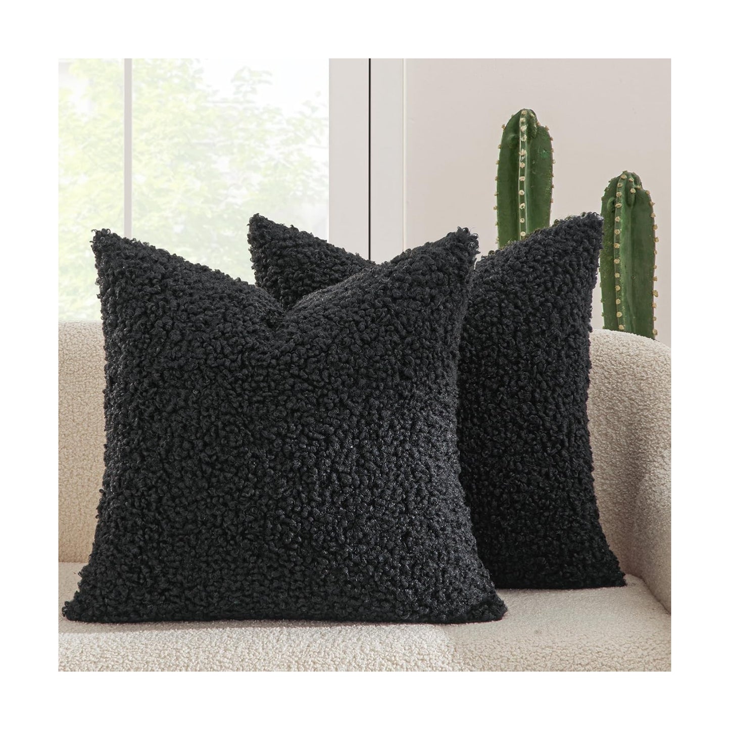 Throw Pillow Covers Neutral Faux Fur Decorative Sherpa Pillow Covers / 18 x 18 / Black / Set of 2