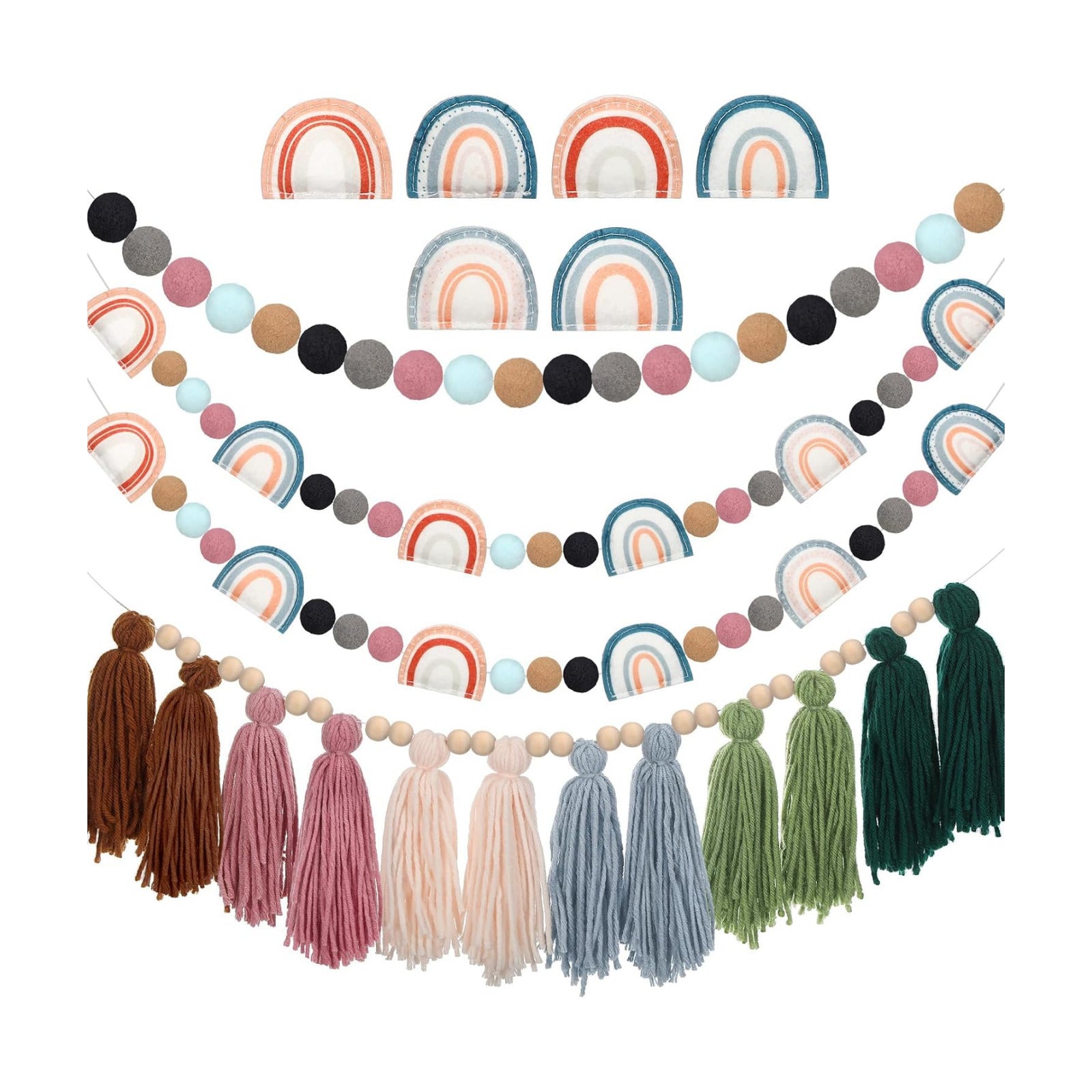 Boho Tassel Garland Wood Bead Tassel Garland Colorful Felt Rainbow Pom Pom / Sage Green / Set of 4