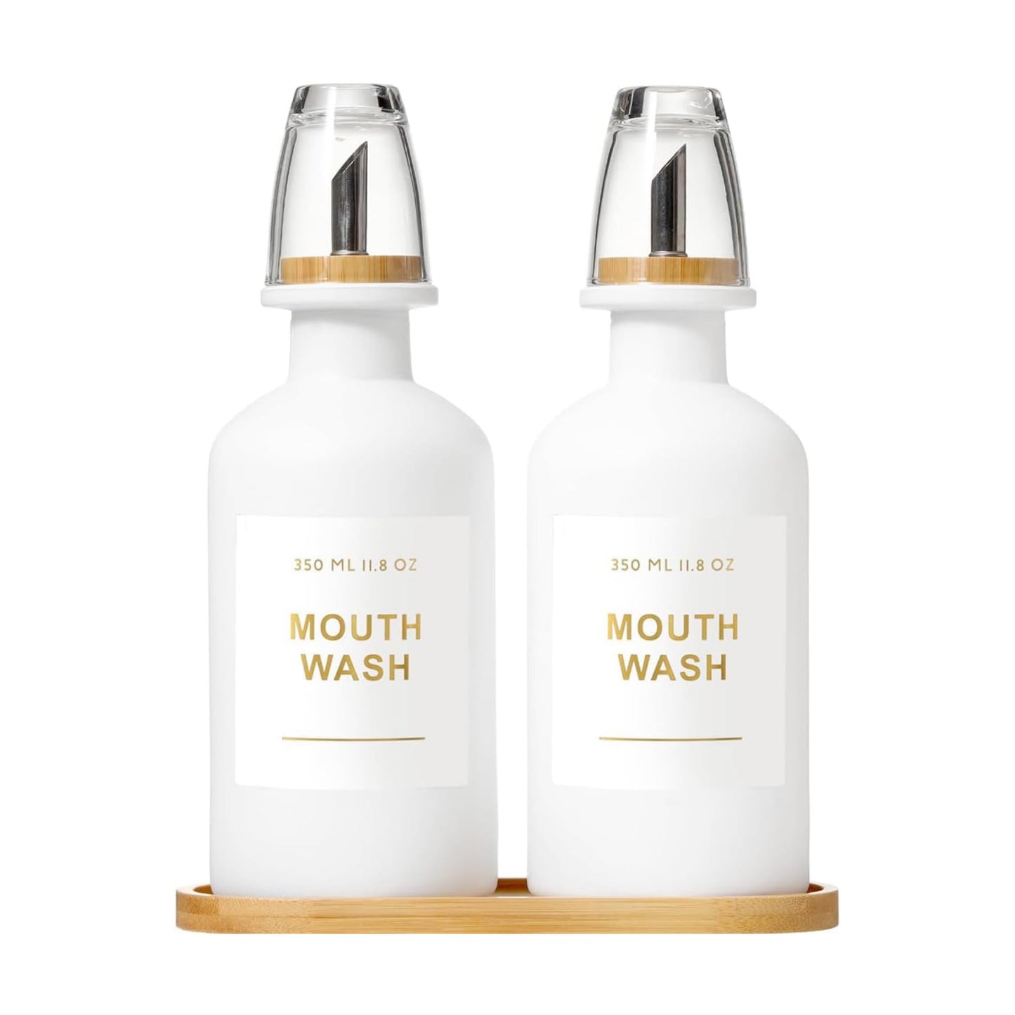 11.8OZ Mouthwash Dispenser, Set of 2, White | Bamboo & Stainless Steel Pour Spout, Mouthwash Cups Reusable, Bamboo