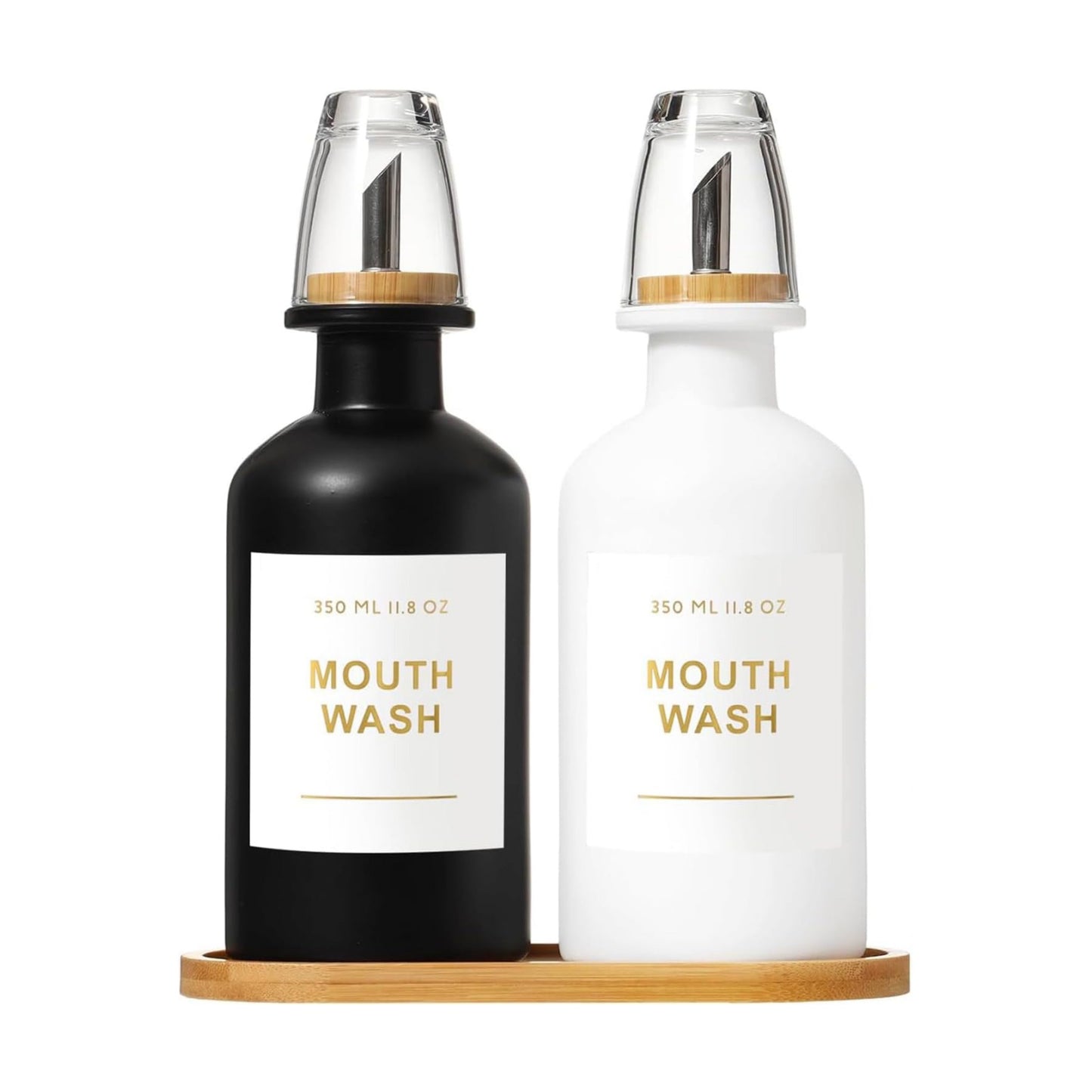 11.8OZ Mouthwash Dispenser, Set of 2 (Black/White) | Bamboo & Stainless Steel Pour Spout, Mouthwash Cups Reusable