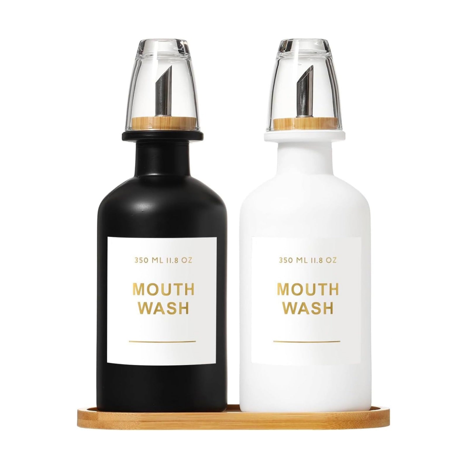 11.8OZ Mouthwash Dispenser, Set of 2 (Black/White) | Bamboo & Stainless Steel Pour Spout, Mouthwash Cups Reusable