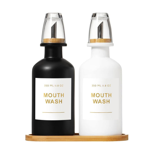 11.8OZ Mouthwash Dispenser, Set of 2 (Black/White) | Bamboo & Stainless Steel Pour Spout, Mouthwash Cups Reusable