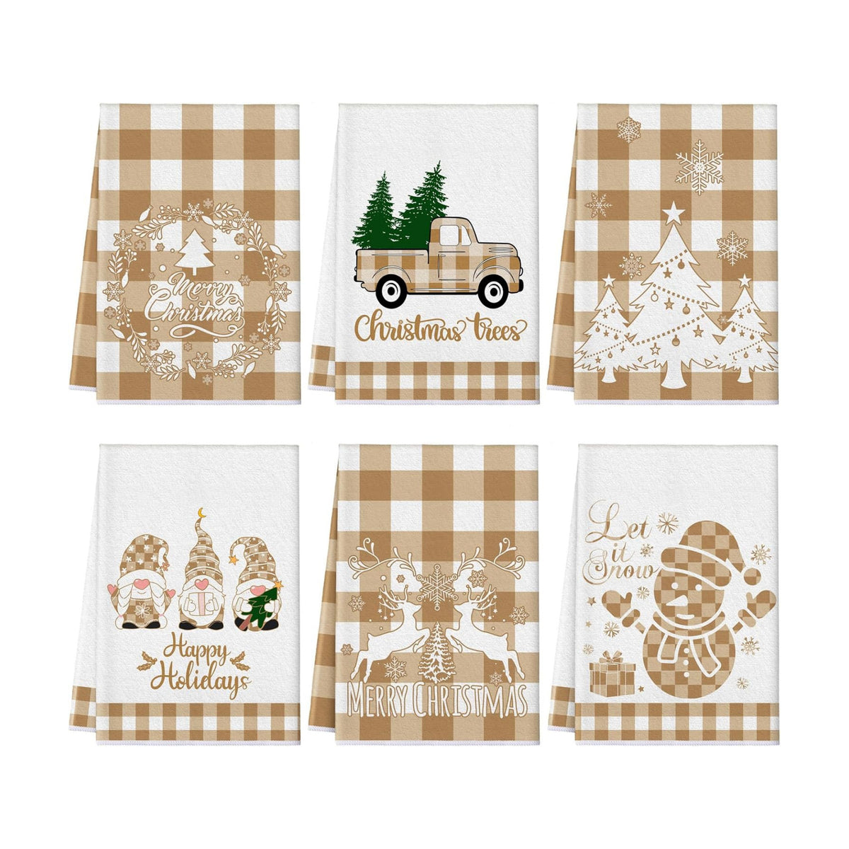 Sratte 6 Pcs Christmas Kitchen Towels Neutral Brown White Plaid Dish Towels