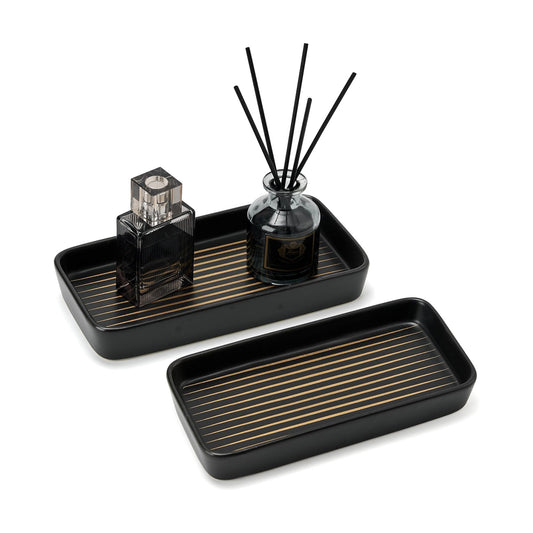 2PC Rectangle Striped Tray / Black Color with Golden Stripes / Set of 2