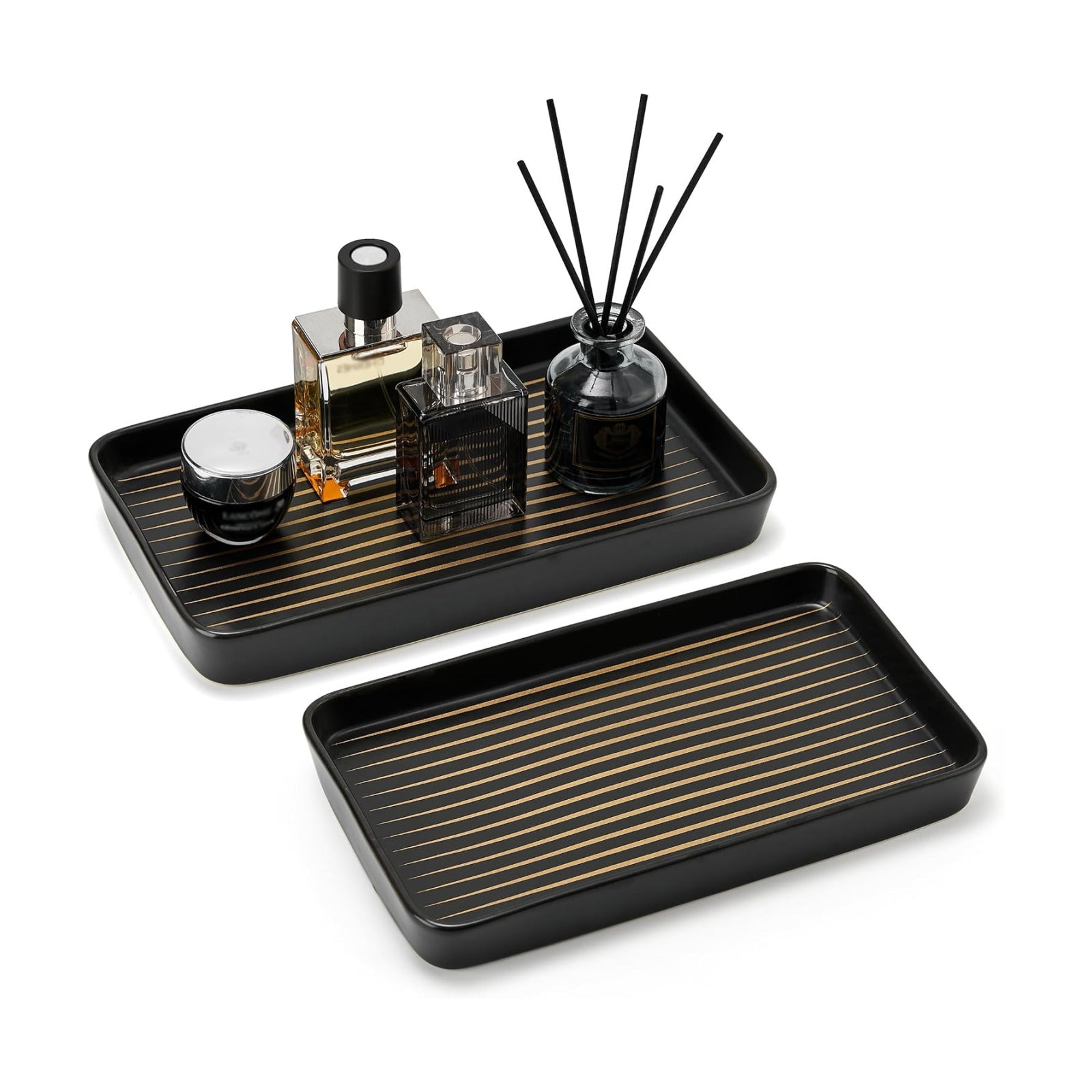 2PC Rectangle Striped Tray / Black Color with Golden Stripes- Large / Set of 2