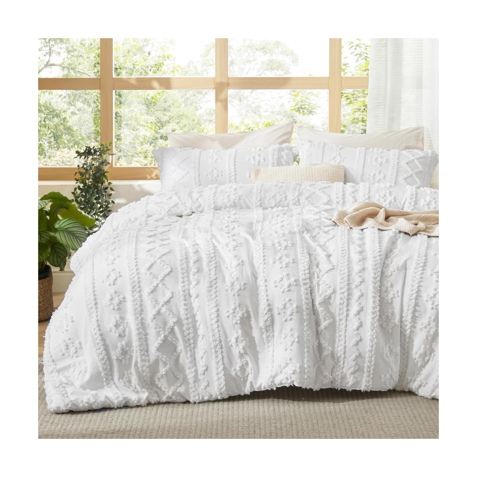 Bedsure Tufted Boho Comforter Set Oversized King - Bright White Boho Bed Set, GentleSoft™ 3 Pieces Farmhouse-Style