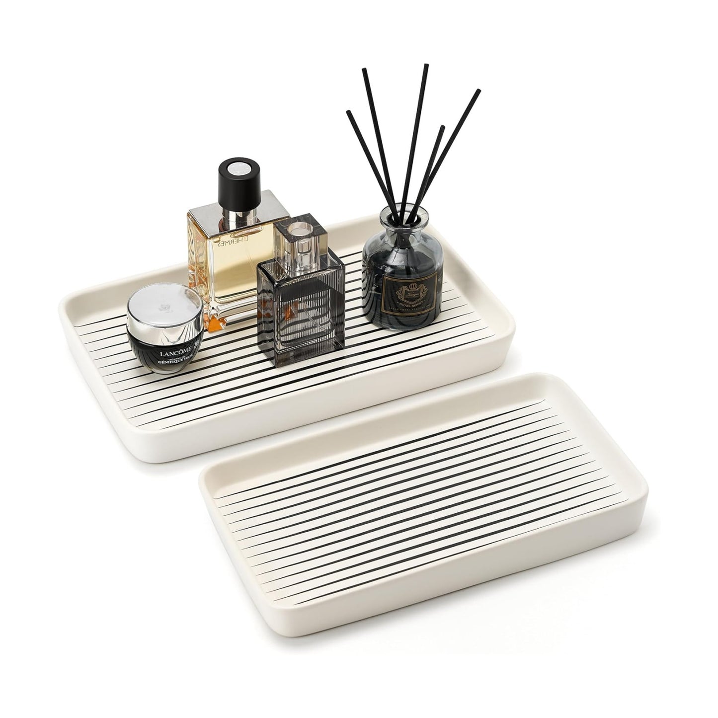 2PC Rectangle Striped Tray / White Color with Black Stripes- Large / Set of 2