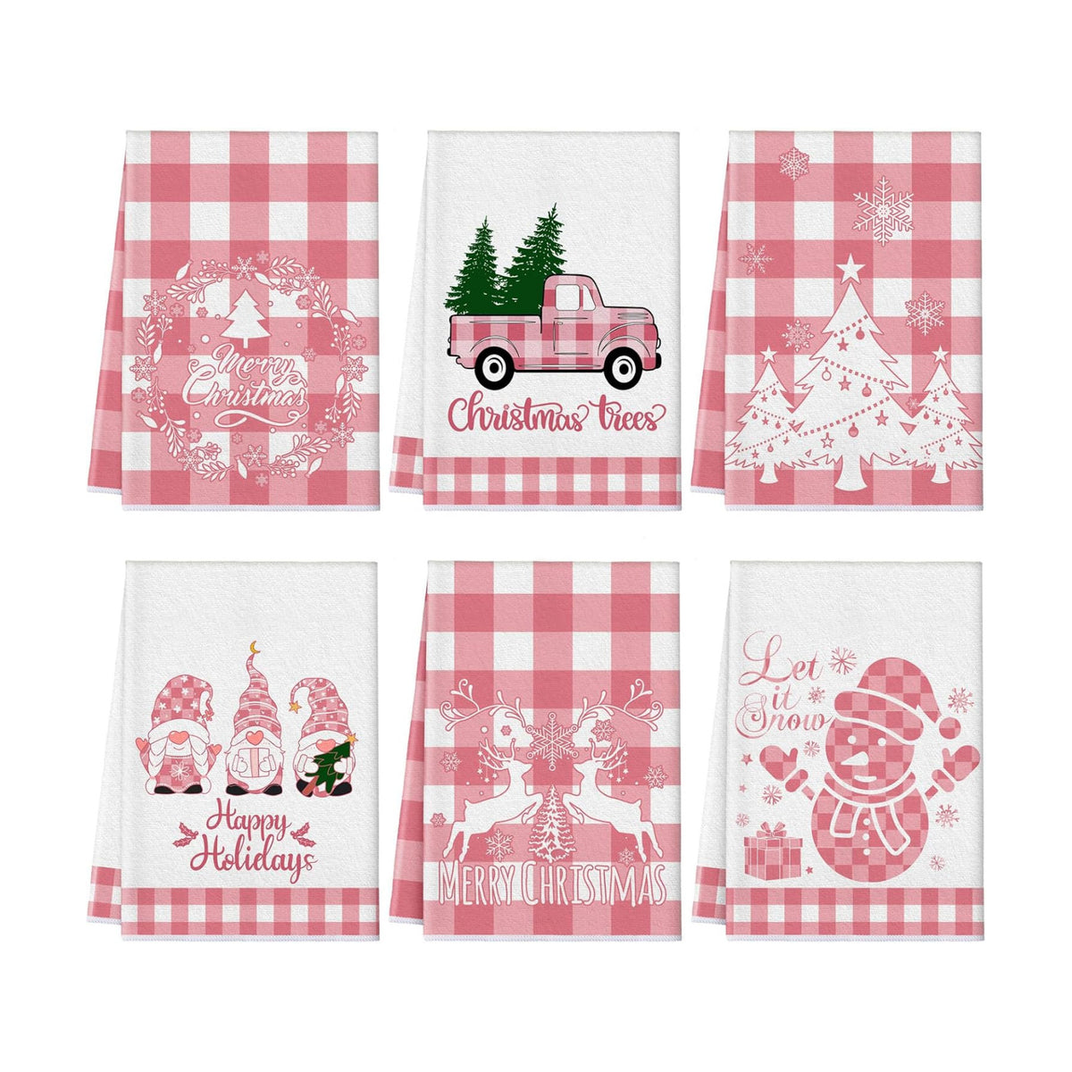 Sratte 6 Pcs Pink Christmas Kitchen Towels, Gnome Buffalo Plaid Dish Towel