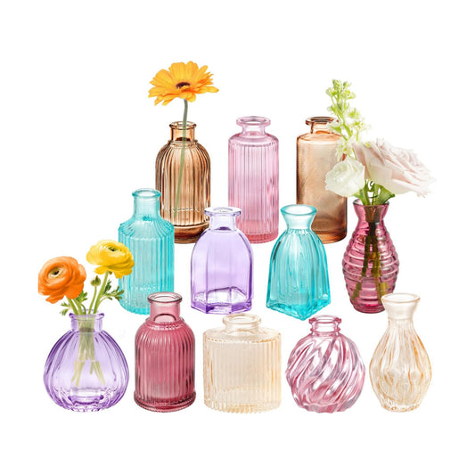 Mixed Colored Bud Vases Small Glass Vases for Flowers Colorful Vintage / Color Series / Set of 12