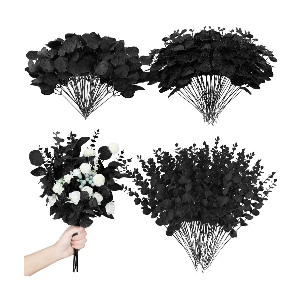 Giegxin 180 Pcs Mixed Artificial Eucalyptus Leaves Stems Bulk Black