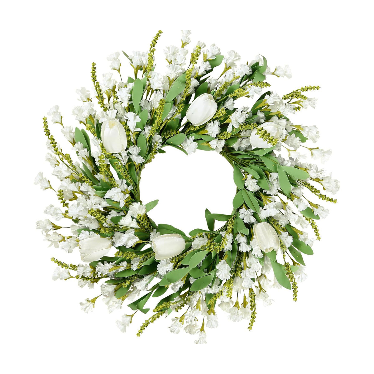 Sggvecsy Spring Summer Wreath for Front Door 22 Inch Artificial White Flower with White Tulips Greenery Leaves Lavender for All Seasons Home Farmhouse Indoor Outdoor Wall Decor