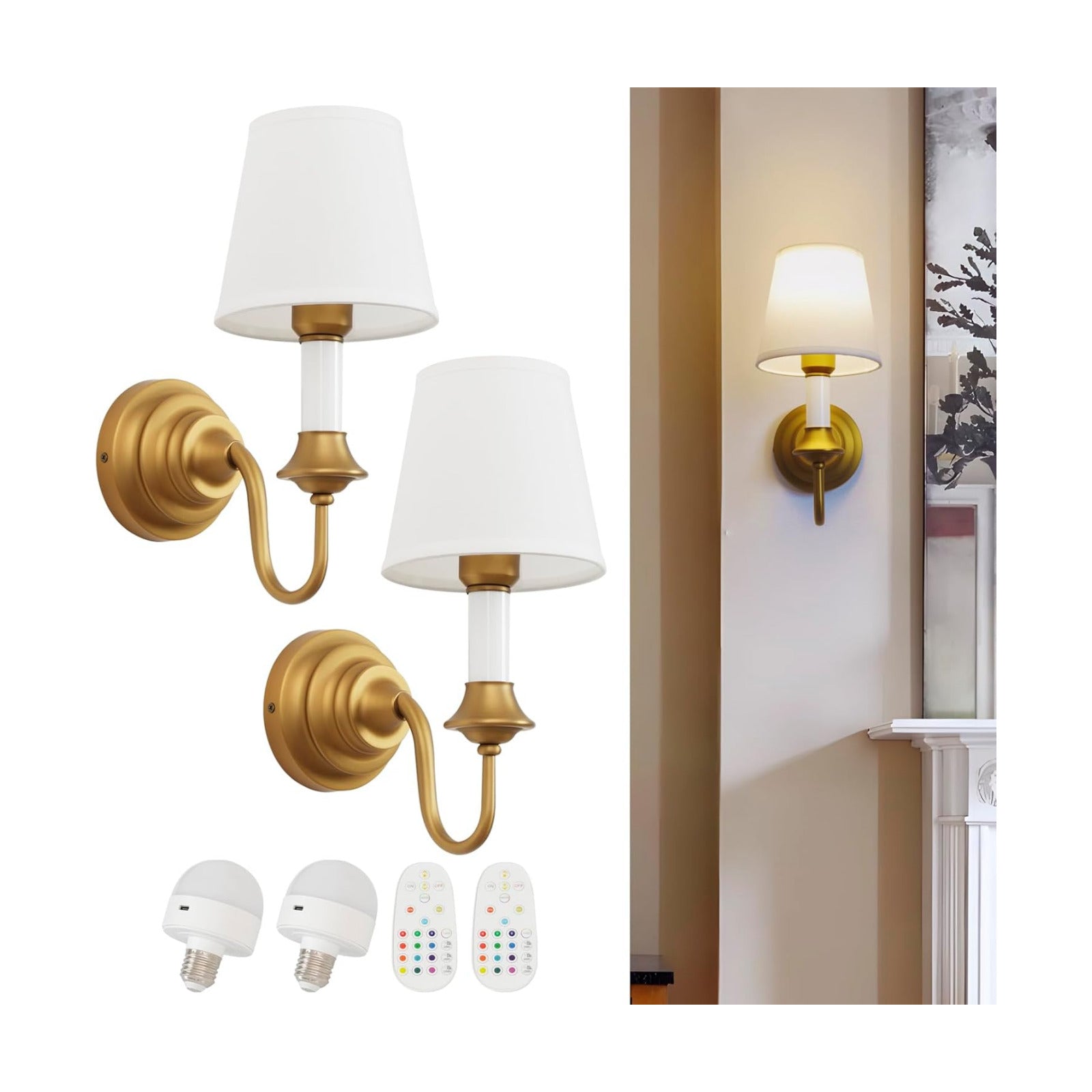 Battery Operated Wall Sconces Set of 2,Vintage Brass Gold Fabric Sconce Light with Linen Cloth Shade Dimmable