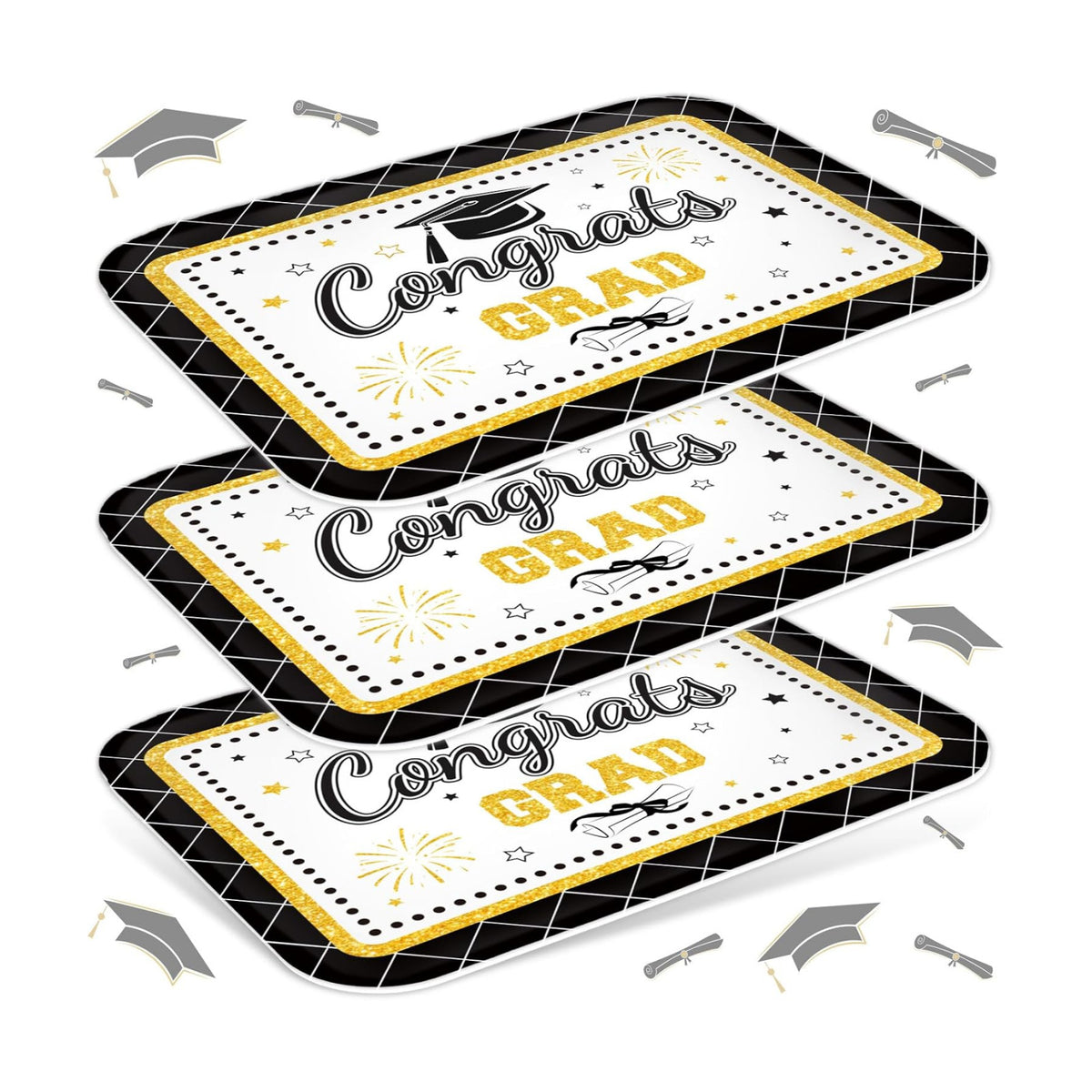JarThenaAMCS 3Pcs Graduation Serving Trays 13 x 10 Inch Bachelor' s Hat Diploma Glitter Reusable Melamine Platter Congrats 2026 Grad Serving Dishes for Graduate Party Sharing Snacks Fruit Dessert