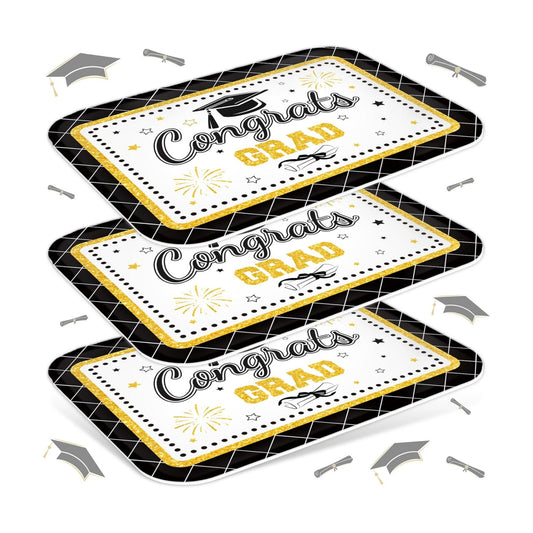 JarThenaAMCS 3Pcs Graduation Serving Trays 13 x 10 Inch Bachelor' s Hat Diploma Glitter Reusable Melamine Platter Congrats 2026 Grad Serving Dishes for Graduate Party Sharing Snacks Fruit Dessert