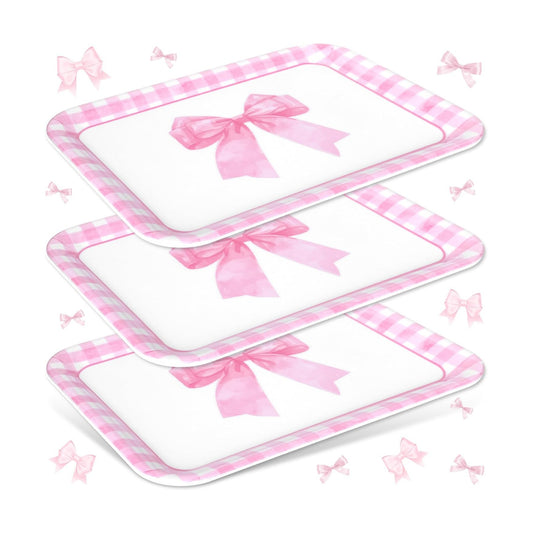 JarThenaAMCS 3Pcs Pink Bow Serving Trays 13 x 10 Inch Watercolor Ribbon Bow Knot Reusable Platter Pink White Plaid Serving Dishes for Coquette Birthday Wedding Baby Shower Party Decor