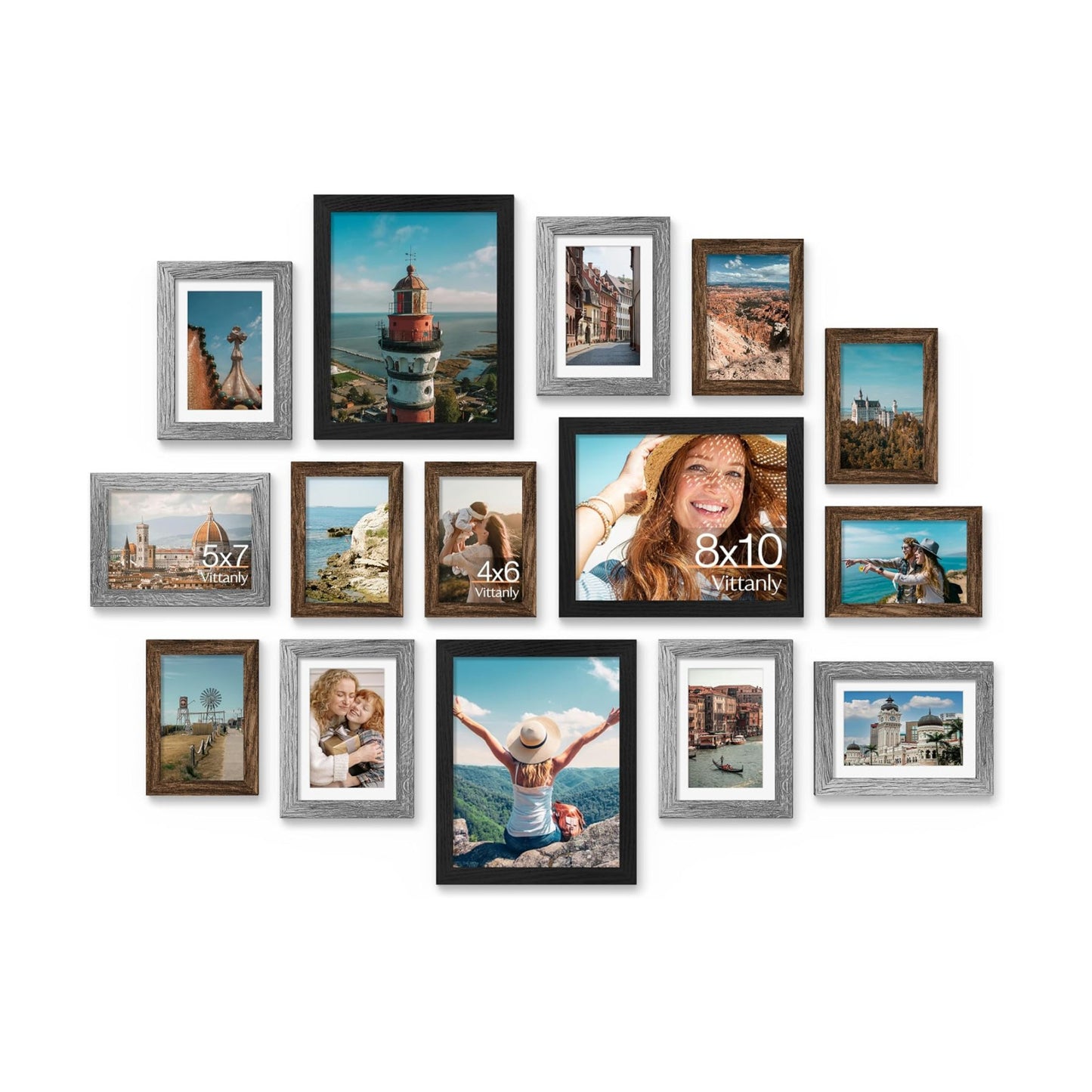 Vittanly 15 Pack Gallery Wall Frame Set, Black, Brown, Grey