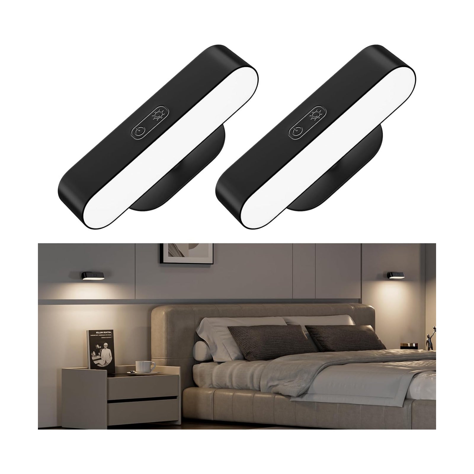 Battery Operated Wall Sconces Set of 2, Rechargeable&Cordless, Black | 5 Color Temps & Dimmable Touch Control