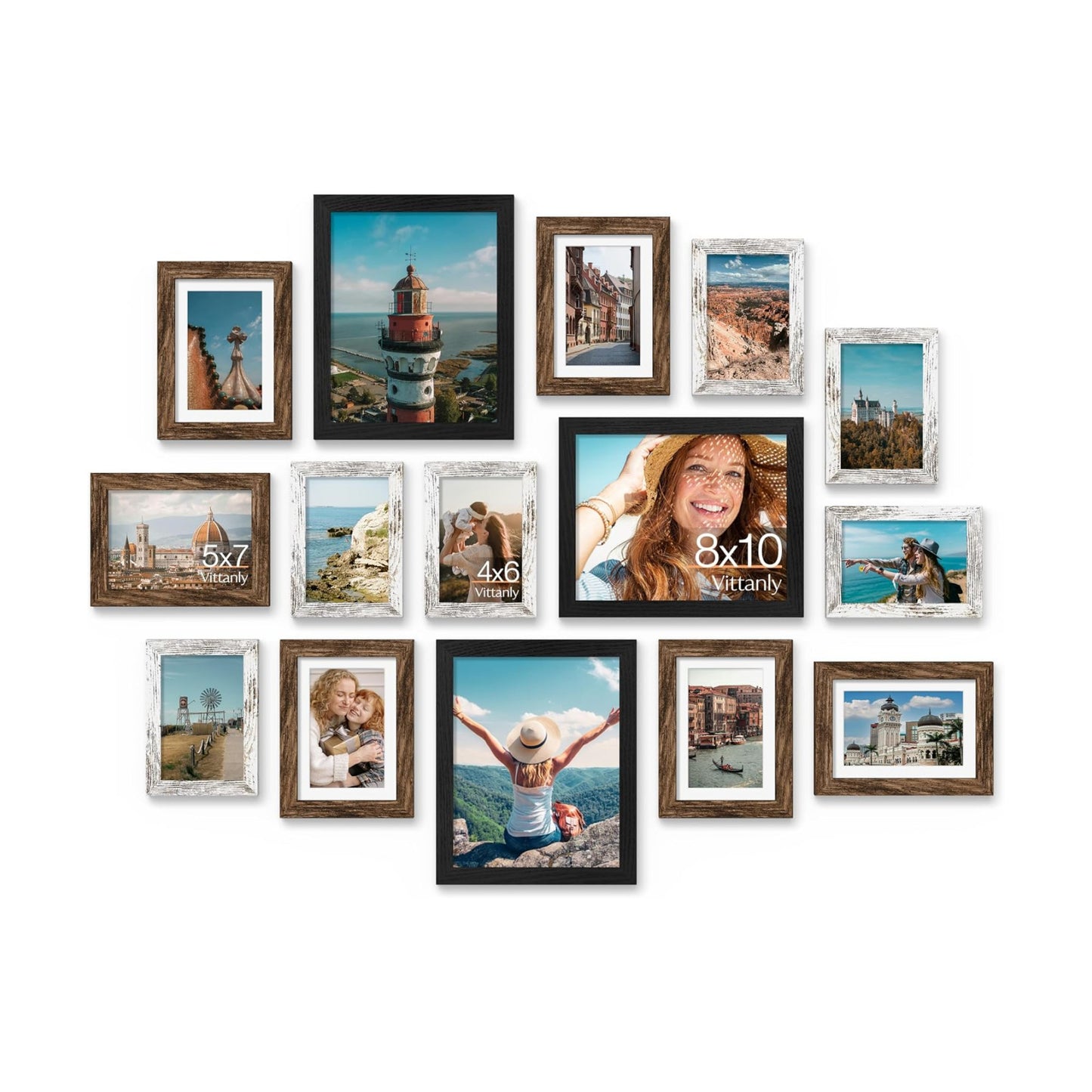 Vittanly 15 Pack Gallery Wall Frame Set, Black, Brown, Distressed White