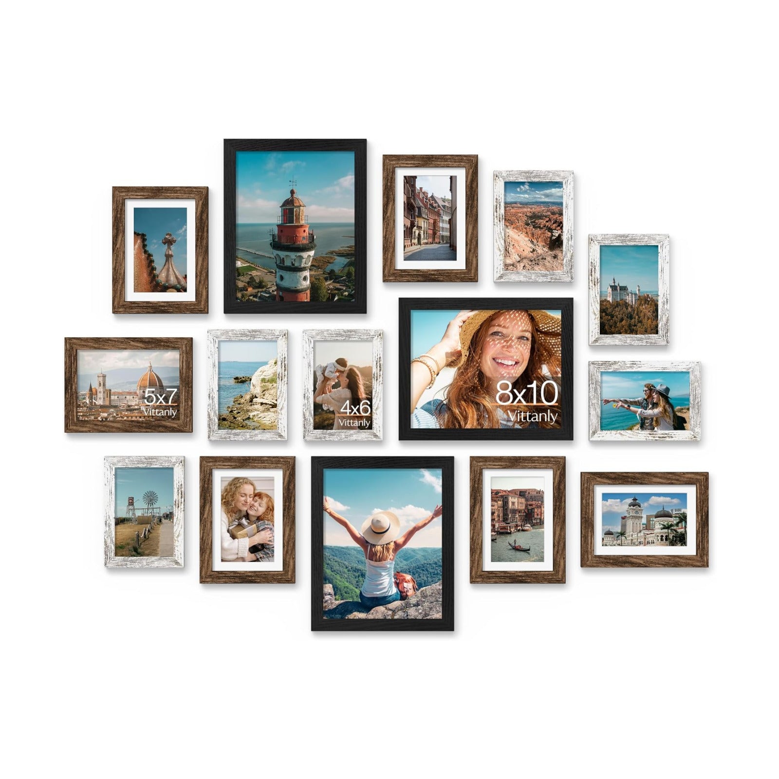 Vittanly 15 Pack Gallery Wall Frame Set, Black, Brown, Distressed White