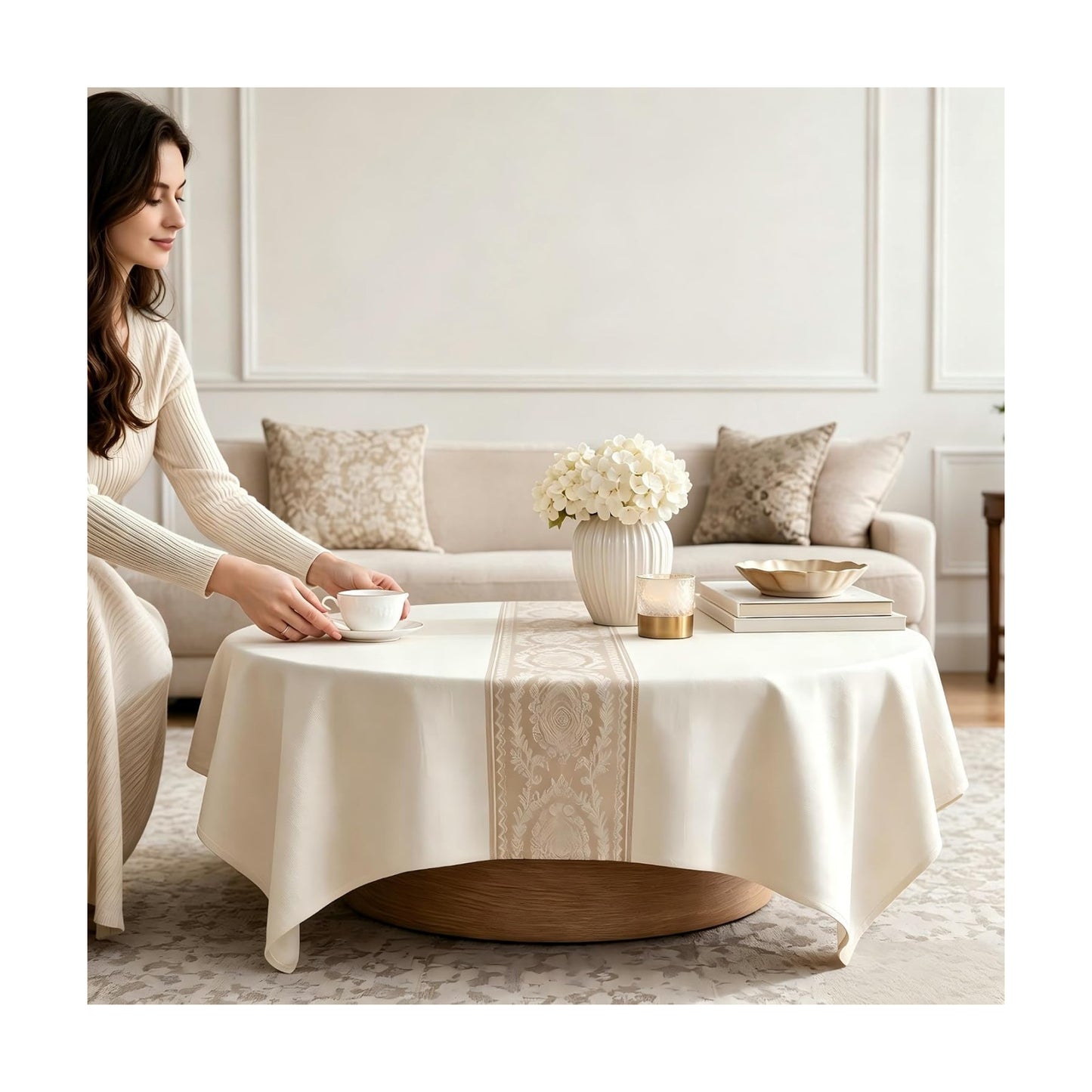 Square Linen Tablecloth Retro Floral Spillproof Cloth, 55x55 Inch | Stain Resistant Woven Vintage Floral Runner Design
