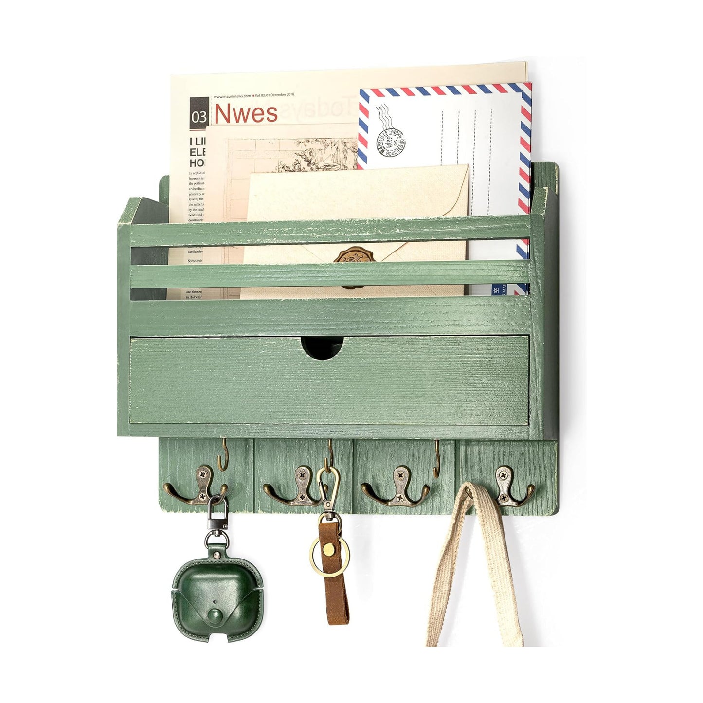 Pine Wood Mail and Key Organizer / Green