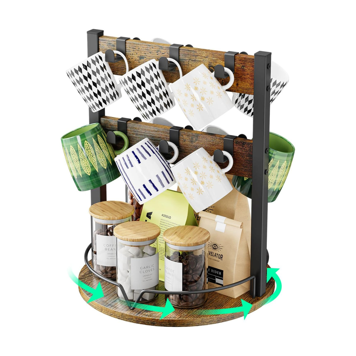 KLM Wood Coffee Mug Holder,12 Hook Mug Tree Holder Rack with Storage Base,Mug Display Organizer,Mug Holders for Home