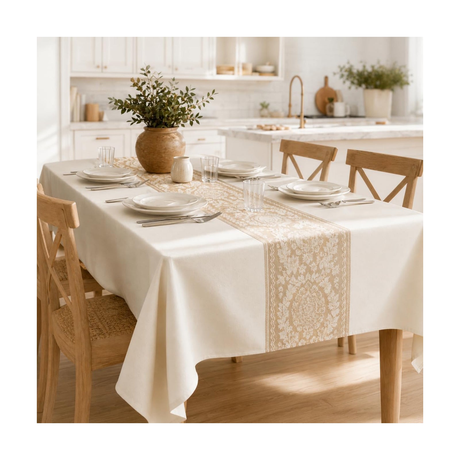 Rectangle Linen Tablecloth Retro Floral Spillproof Cloth, 55x70 Inch | Stain Resistant Woven Vintage Floral Runner
