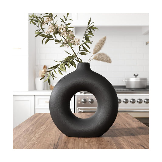 Minimalist Donut Ceramic Vase- Boho Hollow Flower Vases / Large - 9''h / Black / 9 Inch