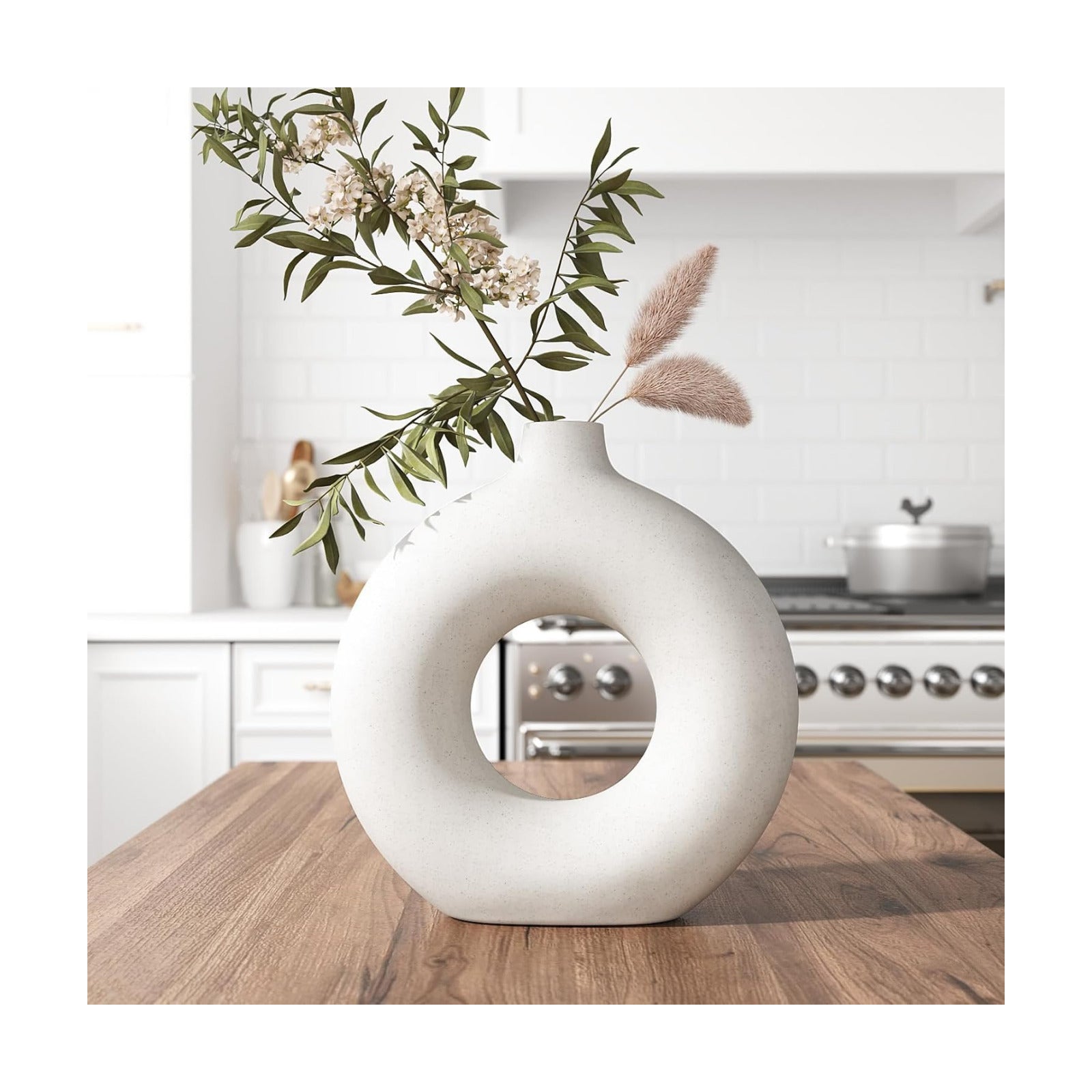Cream Donut Vase Hollow Ceramic Vase for Flowers Pampas Grass Home / Large - 9''h / White / 9 Inch