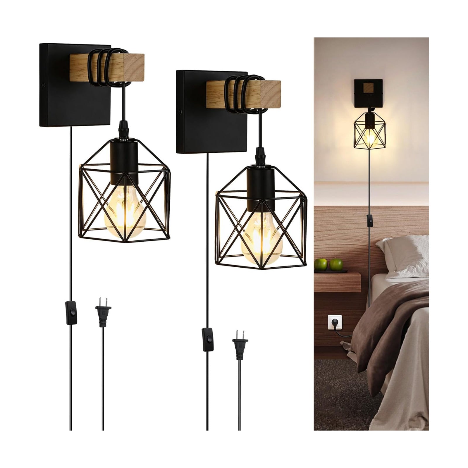 Lightess Farmhouse Plug in Wall Sconces Lamps for Bedroom Set of 2 | Easy Plug In Installation Without Wiring Work