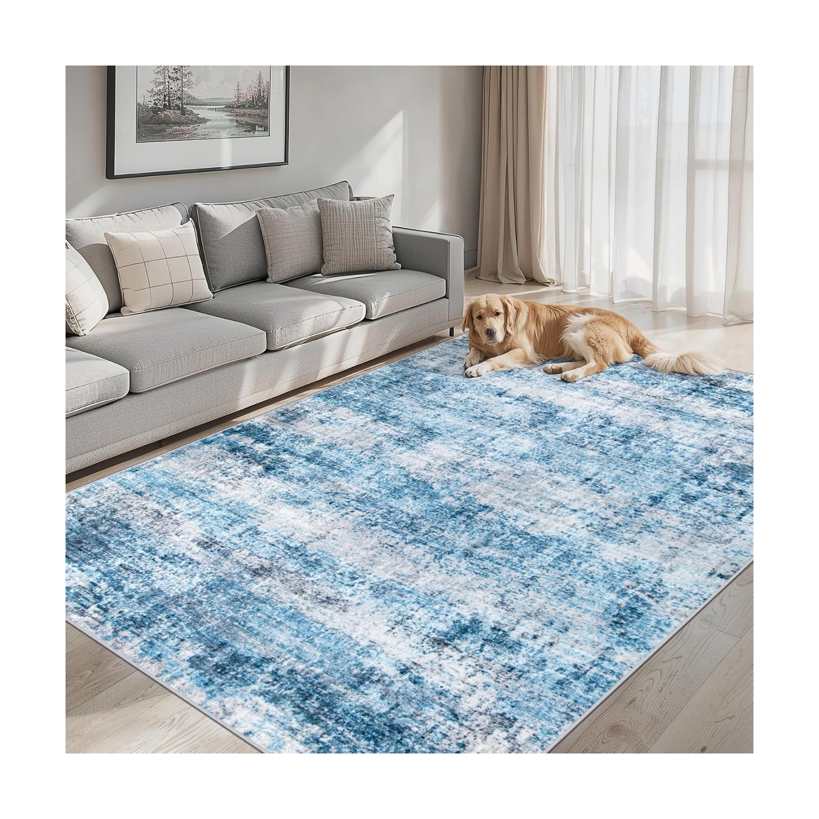 PLHXFR Area Rug Living Room: 5x7 Modern Abstract Washable Carpet Blue