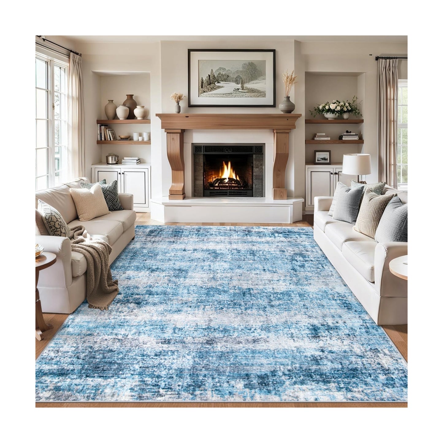 PLHXFR 10x12 Area Rug Living Room: Modern Abstract Washable Carpet Blue