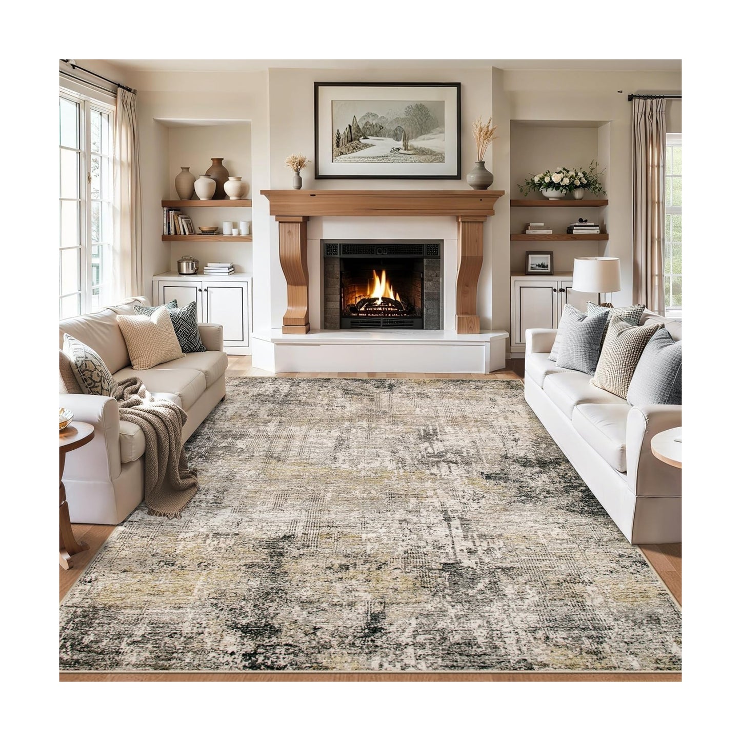 PLHXFR 10x12 Area Rug Living Room: Abstract Washable Carpet Brown Black