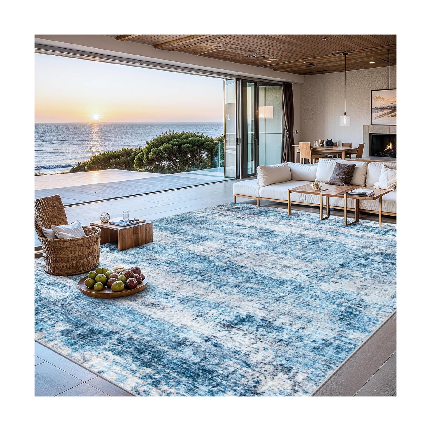 PLHXFR 8x10 Area Rug Living Room: Modern Abstract Washable Carpet Blue