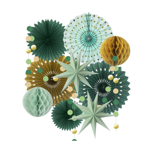 ADLKGG 10-Piece Sage Green Gold Party Decorations, Hanging Paper Fans