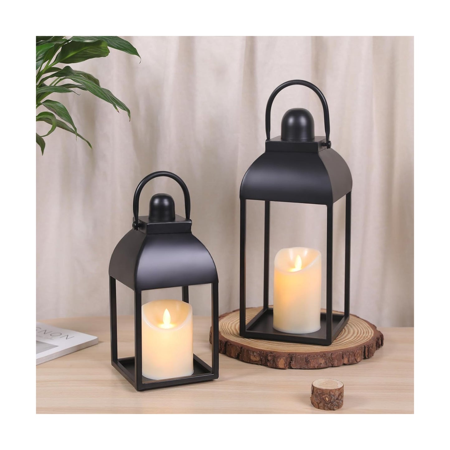 Lanterns Decorative Indoor 15" 11" Set of 2 Black Metal Lantern with Candle | Glass-free Decorative Lanterns with