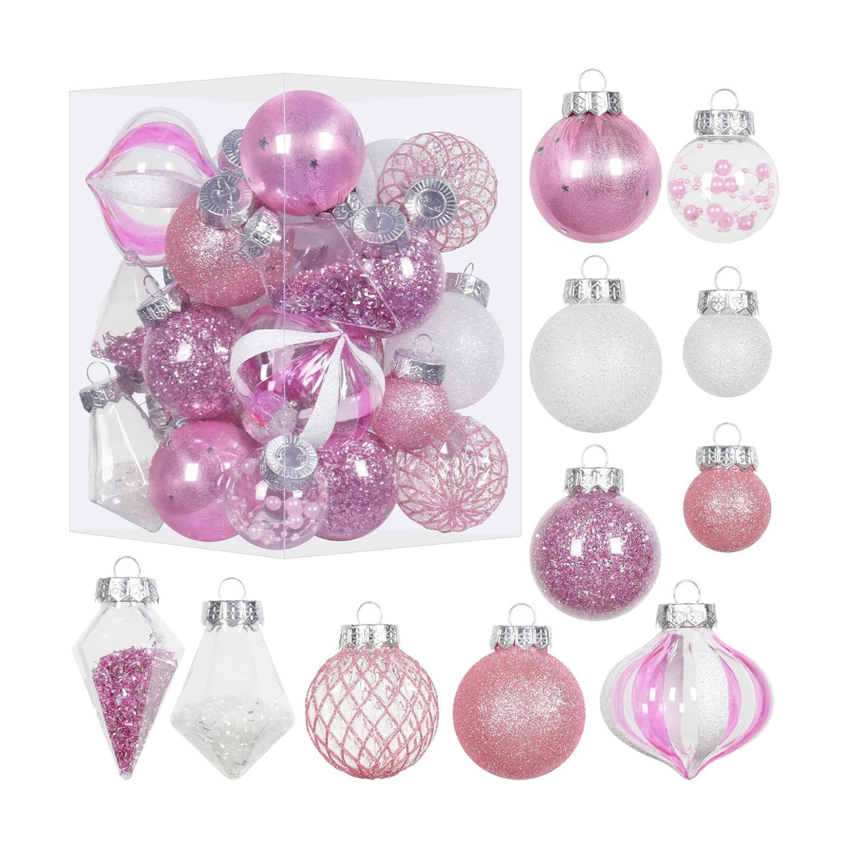 34PCS Pink/White Christmas Ball Ornaments Set for Tree Decor